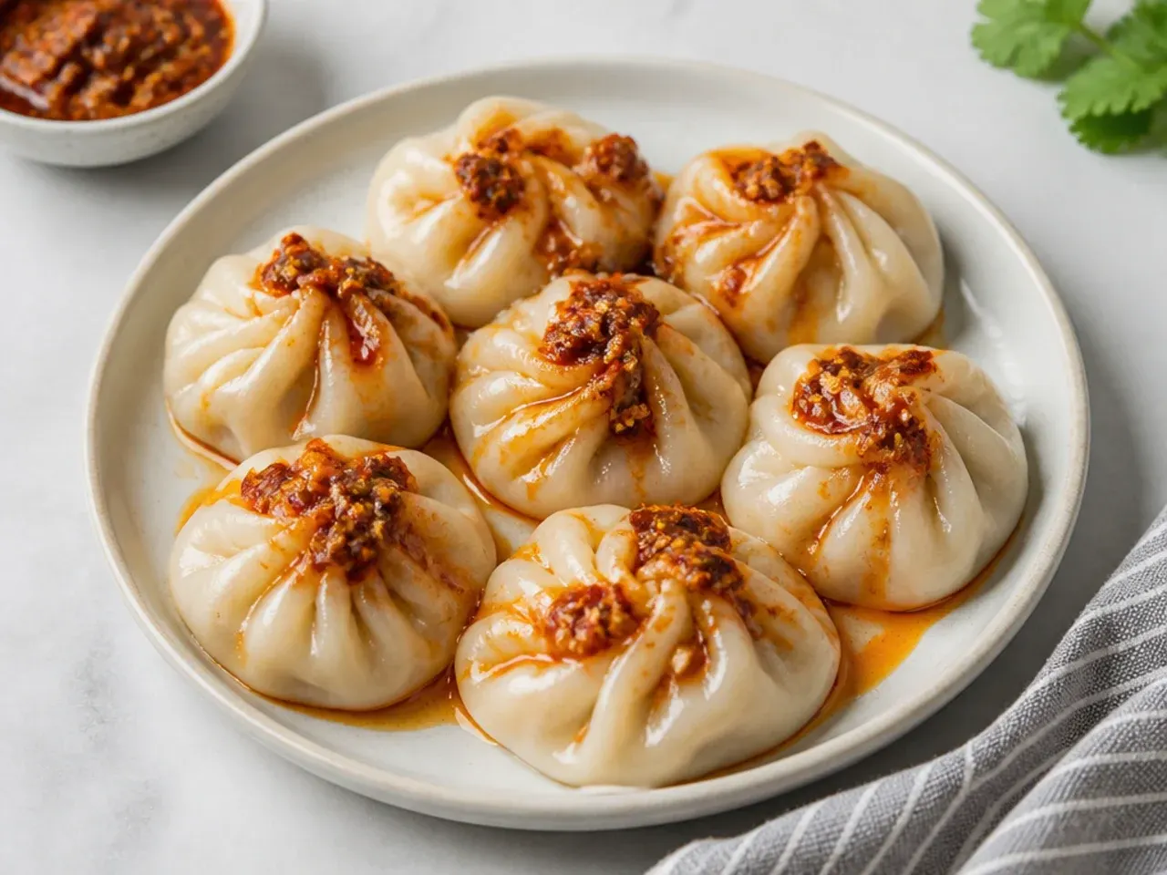 Minimal plain steamed momos topped with crunchy homemade chilli crisp oil