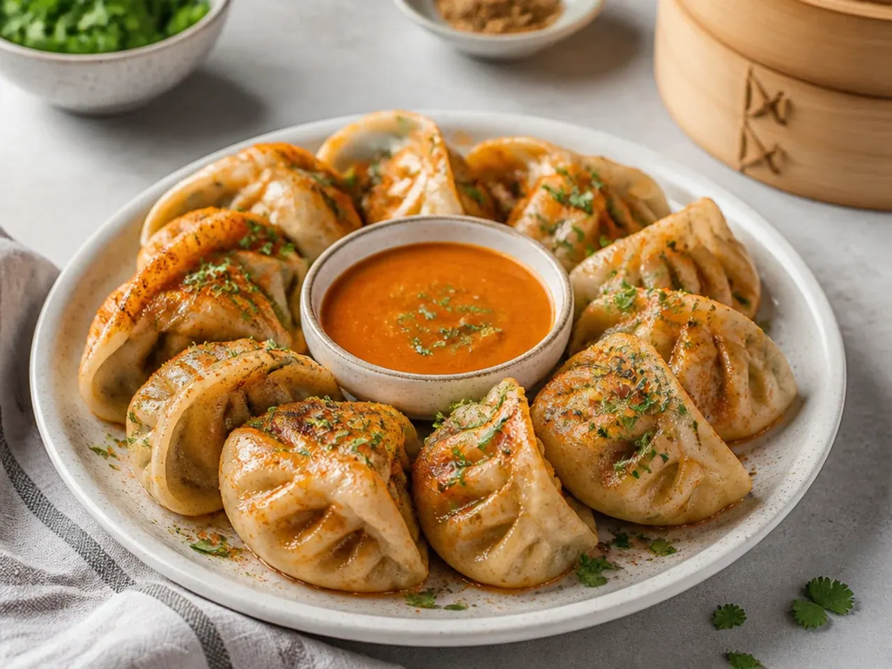 Festive tandoori spiced steamed momos brushed with butter and chaat masala