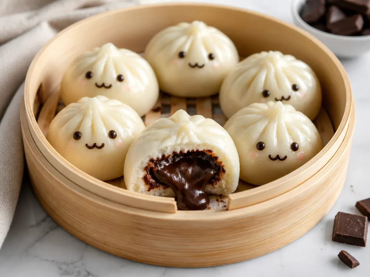 Whimsical dessert steamed momos filled with molten dark chocolate