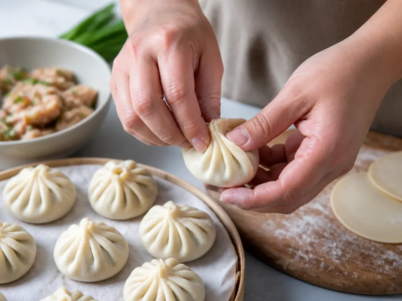 Hands pleating steamed momo dumplings showing thin wrapper edges