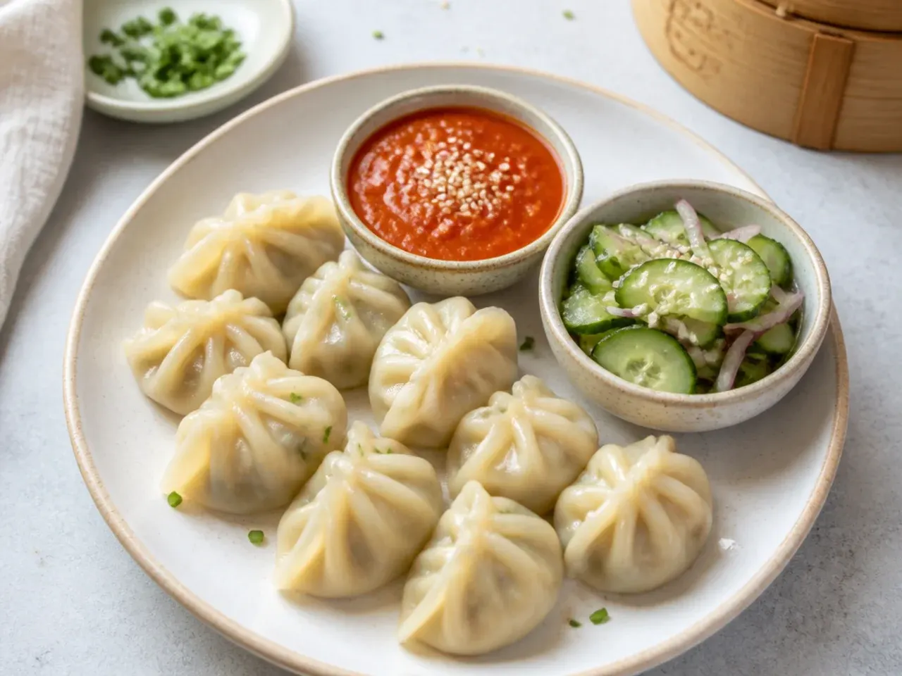 Steamed momos dinner served with tomato sesame chutney and cucumber salad