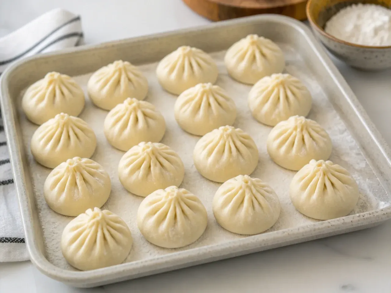 Uncooked steamed momos arranged on a floured tray ready for freezing