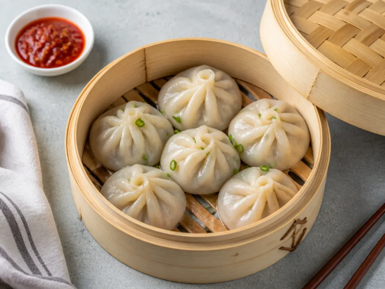 Steamed momos with translucent wrappers in a bamboo basket, the lighter side of the steamed vs fried momos debate