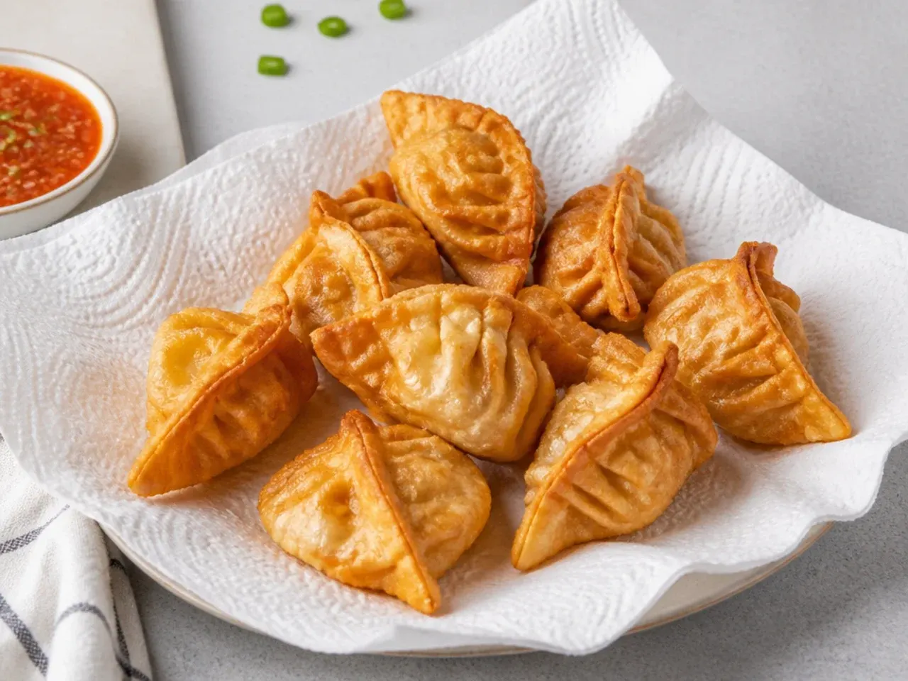 Crispy golden fried momos draining on paper towel, the indulgent side of the fried vs steamed momos comparison