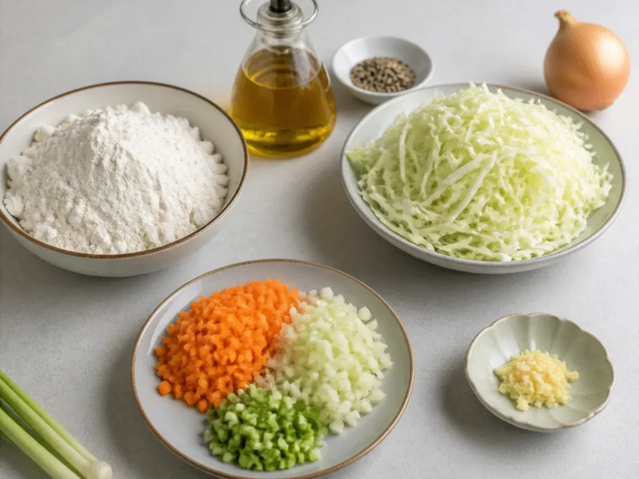 Raw momo ingredients like flour, cabbage and oil laid out to compare the cost of steamed vs fried momos at home