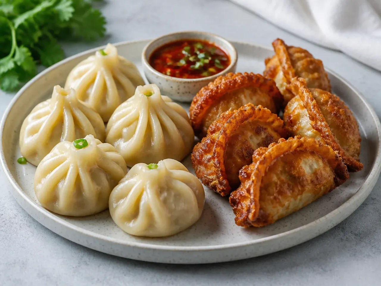 Soft steamed momo next to a crispy fried momo showing the taste and texture difference between steamed and fried momos