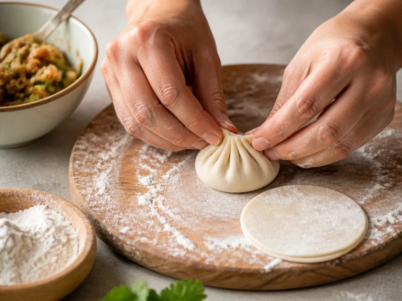 Hands pleating a momo wrapper on a floured board, the shared prep step before steaming or frying momos