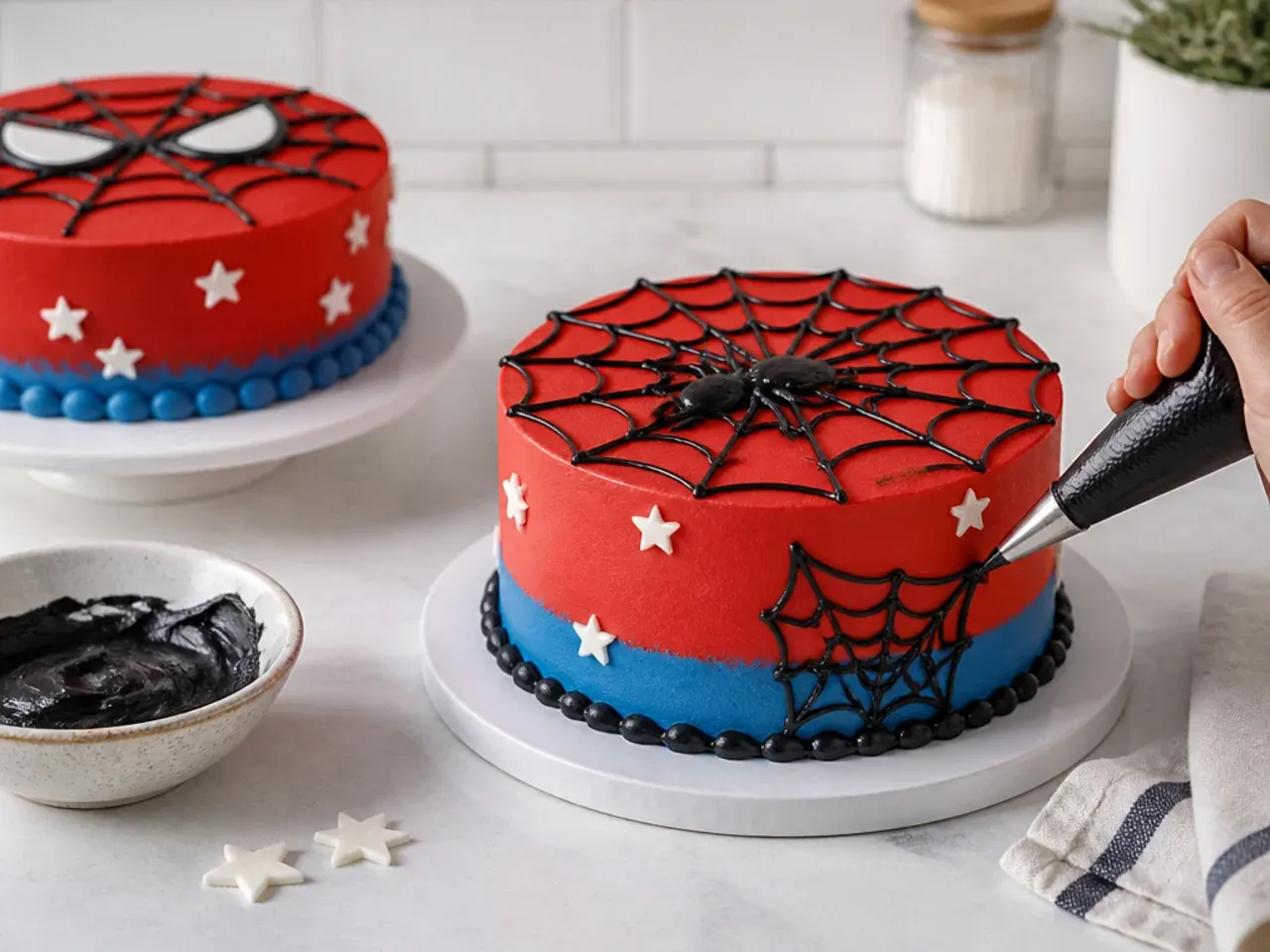 store bought vs homemade spiderman cake — step 7: pipe the web and accents