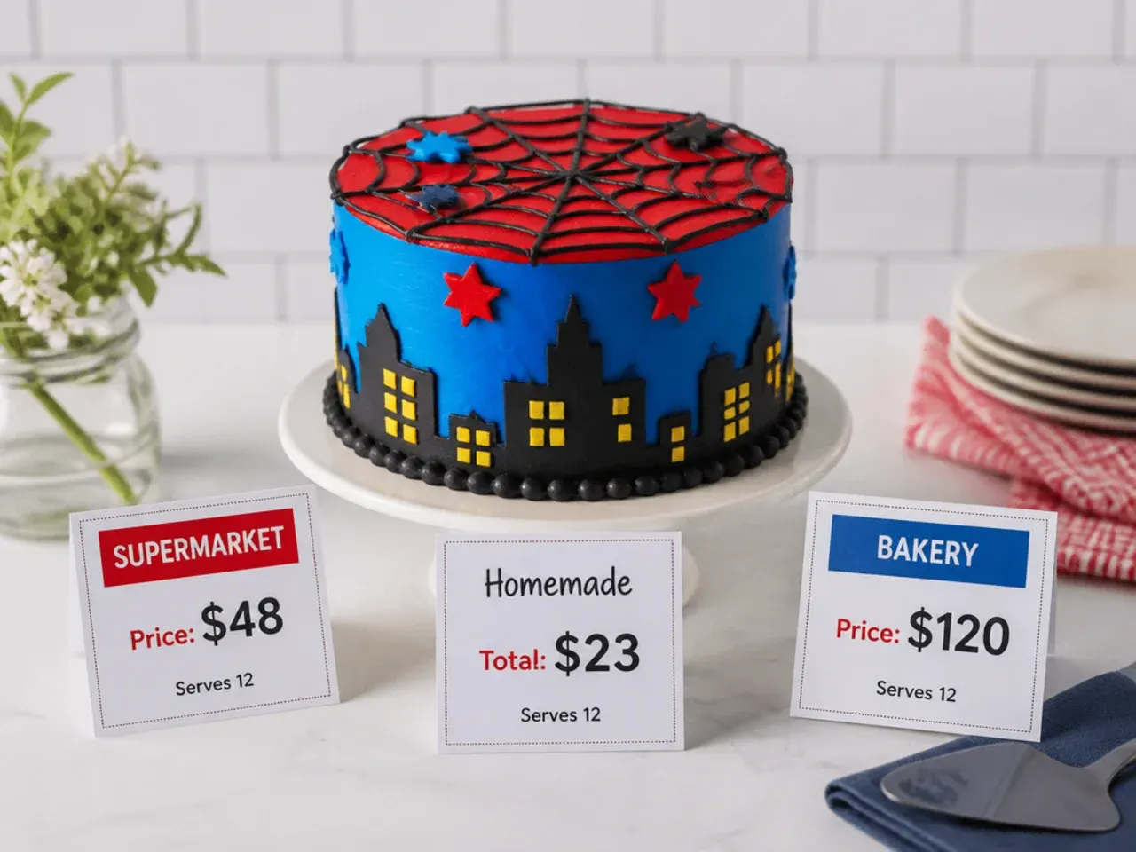 Cost comparison of a homemade Spiderman cake beside supermarket and bakery price tags