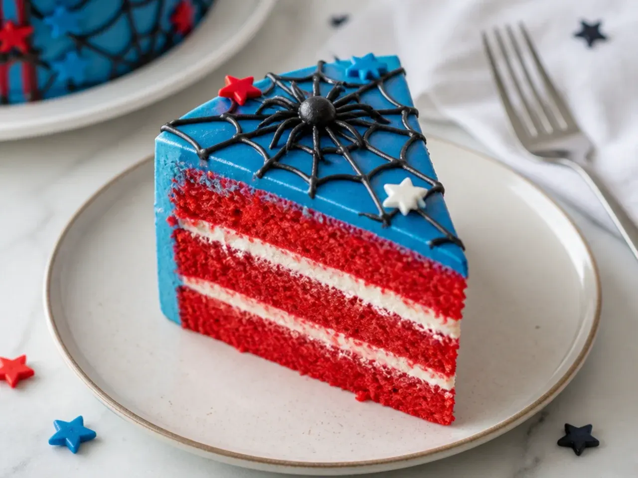 Slice of homemade Spiderman cake showing a moist red vanilla sponge and soft buttercream