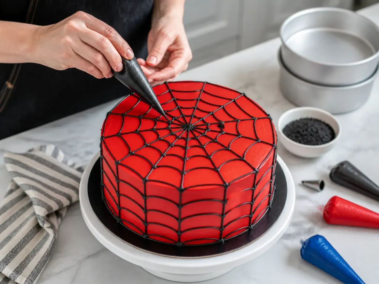 Home baker piping a black web onto a red Spiderman cake with tins and piping bags nearby