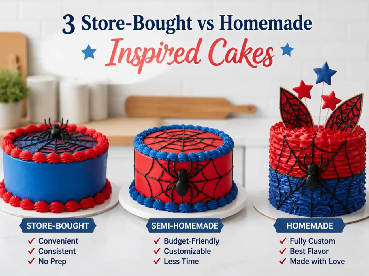 Three Spiderman cake options side by side helping you pick the best homemade or store-bought route