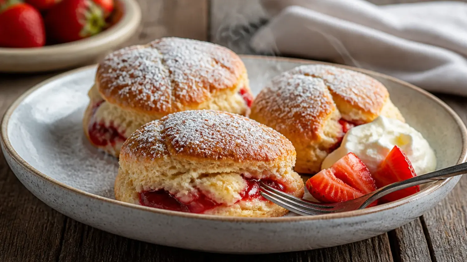 Golden strawberry scones dusted with sugar, split open to reveal a flaky, fruit-studded crumb, cooling on a wire rack.