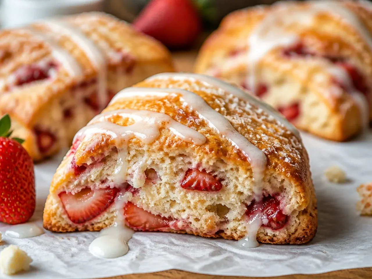 A batch of freshly baked strawberry scones fanned out on a wooden board with fresh strawberries scattered around.