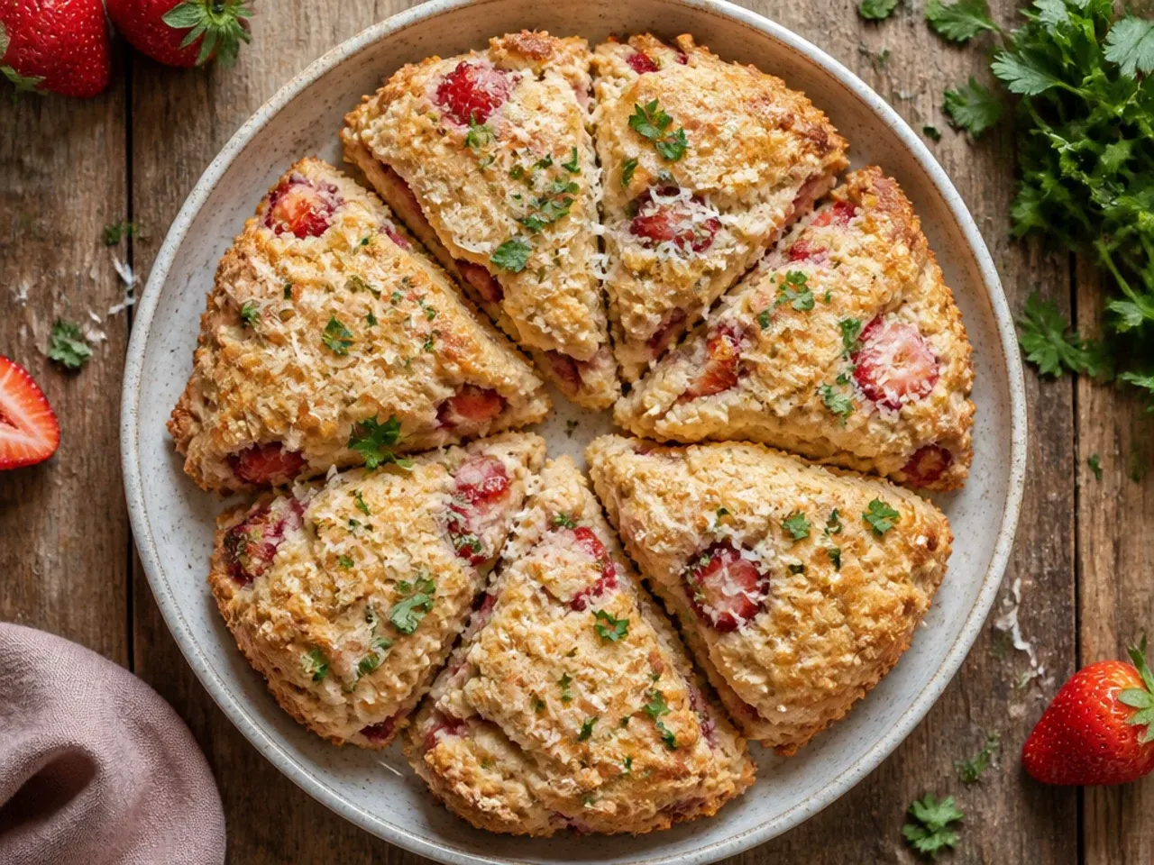 Classic strawberry scones cut into wedges on a parchment-lined baking tray.