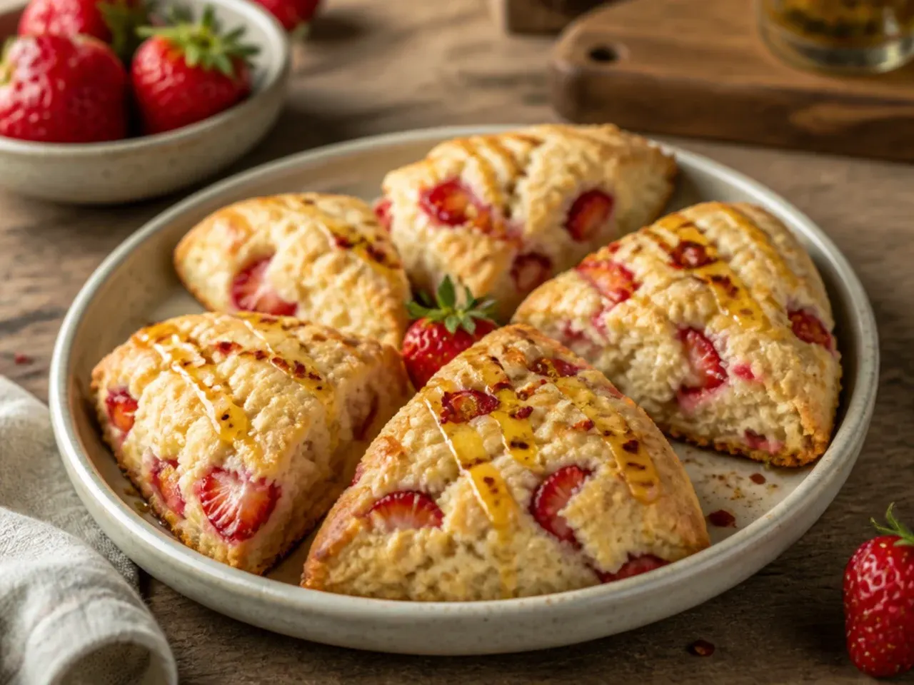 A single mixing bowl with strawberry scone dough being stirred together with a spatula.