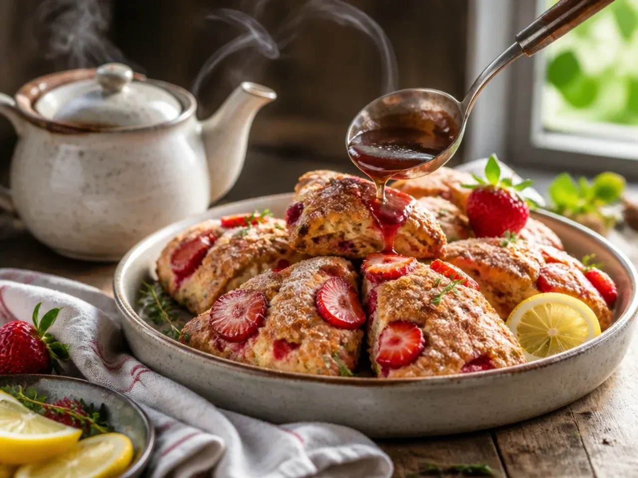 Strawberry scones with a visible cinnamon-sugar swirl running through the crumb.