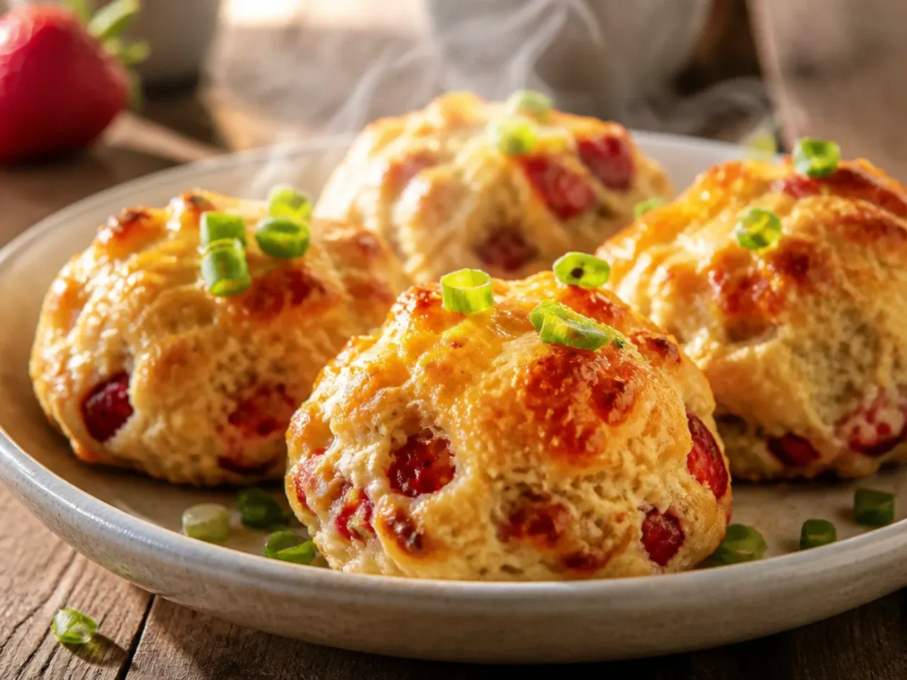 Creamy strawberry scones drizzled with a thick cream cheese glaze.