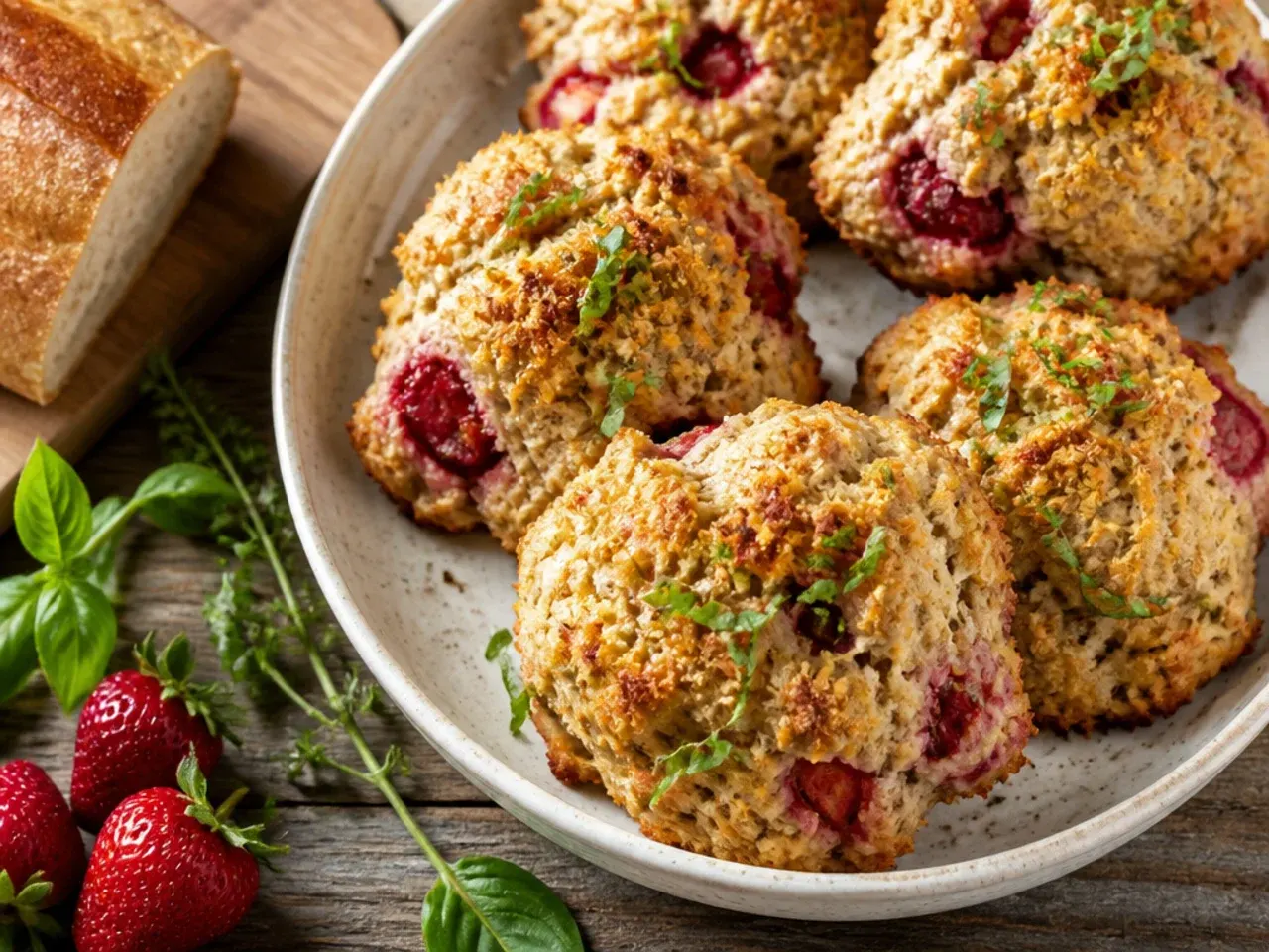 Simple unglazed strawberry scones on a cooling rack with a light sugar dusting.