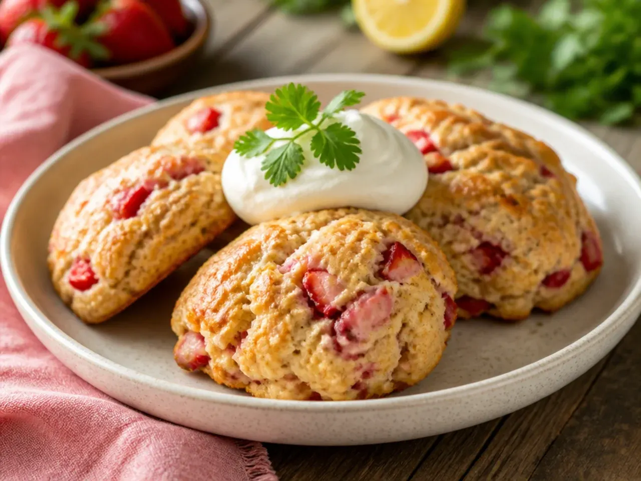 Strawberry scones glazed with a pale yellow lemon icing and topped with lemon zest.