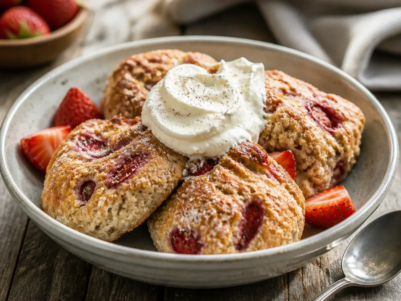 Rustic whole wheat strawberry scones with a darker, speckled crumb.