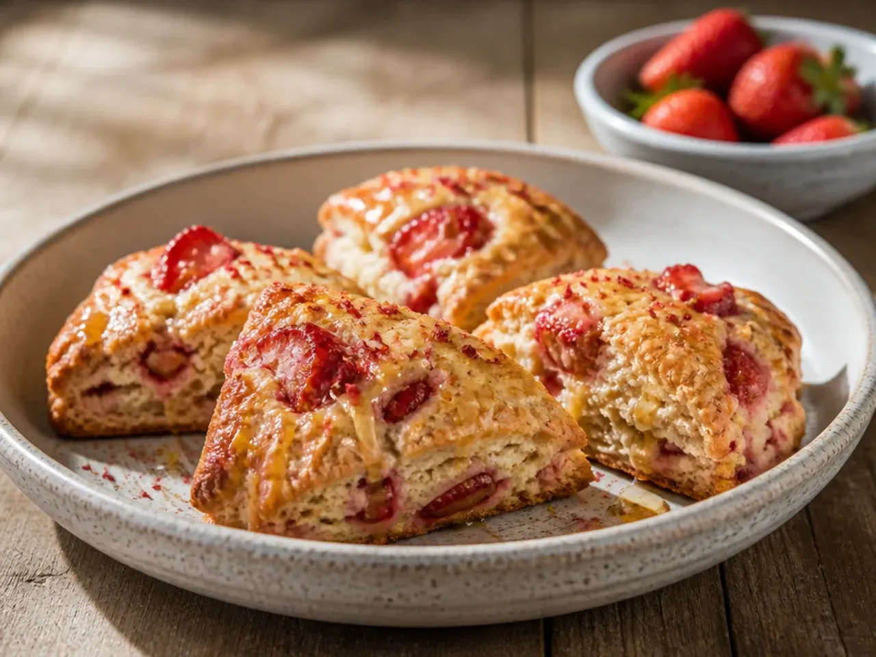 Unbaked strawberry scone wedges arranged on a tray ready for the freezer.