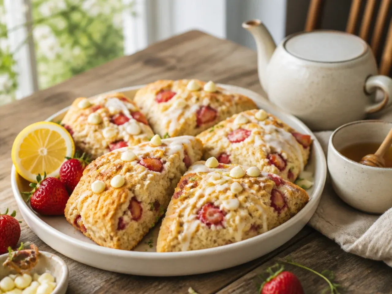 Strawberry scones loaded with white chocolate chips and drizzled with white chocolate glaze.