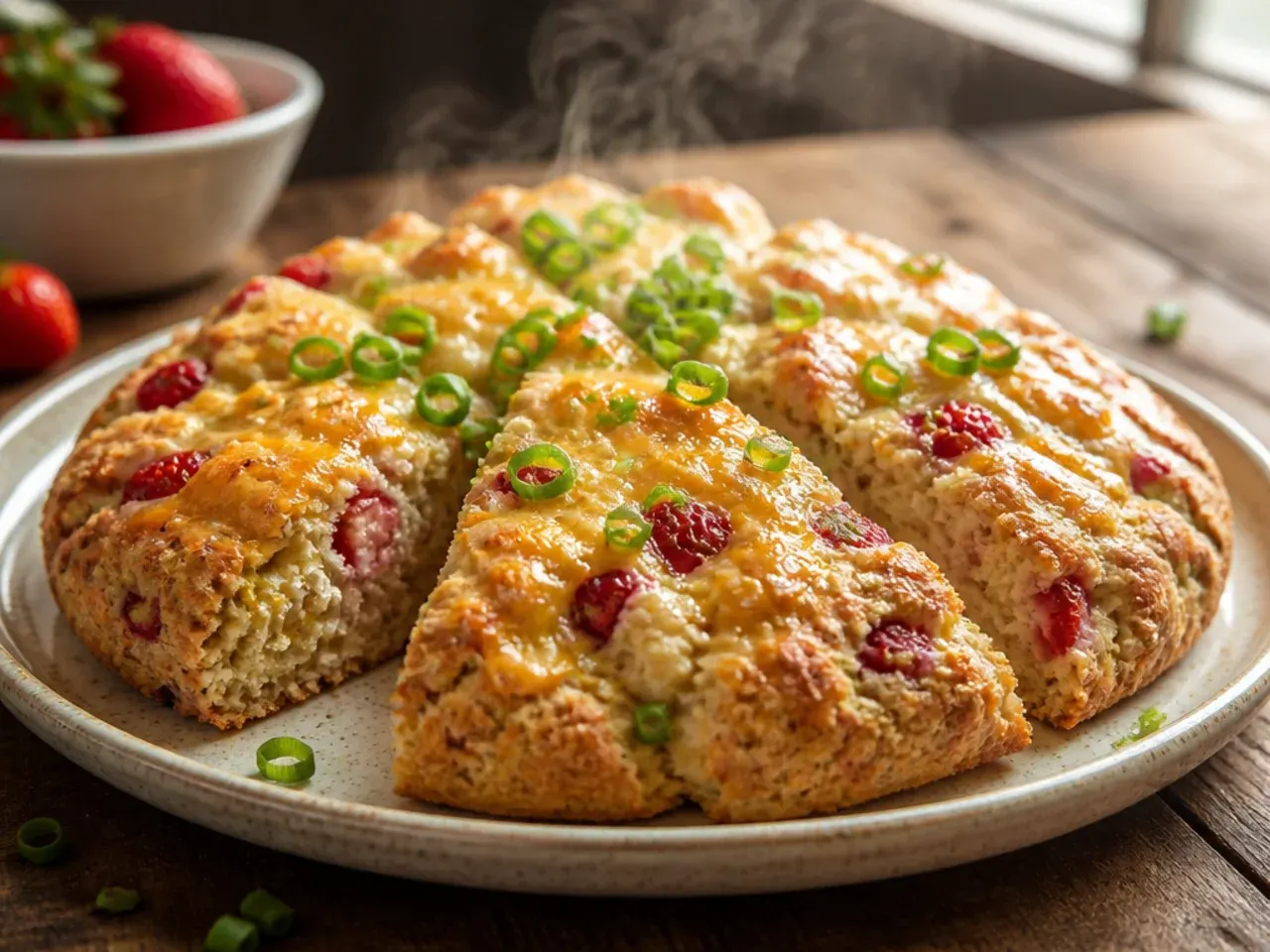 A large tray of a dozen strawberry scones ready to serve a crowd.