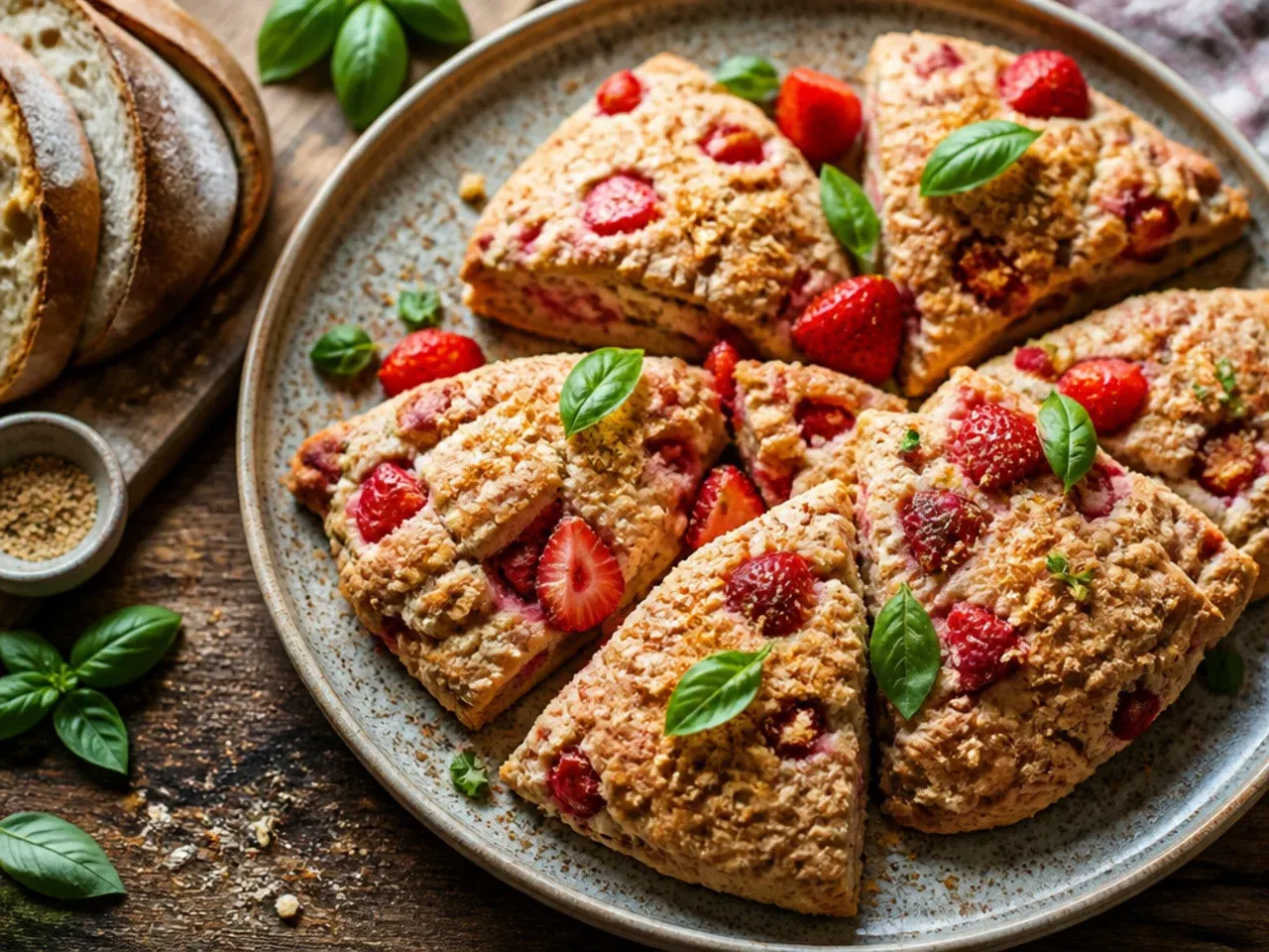 Tall, flaky bakery-style strawberry scones showing distinct layered edges.