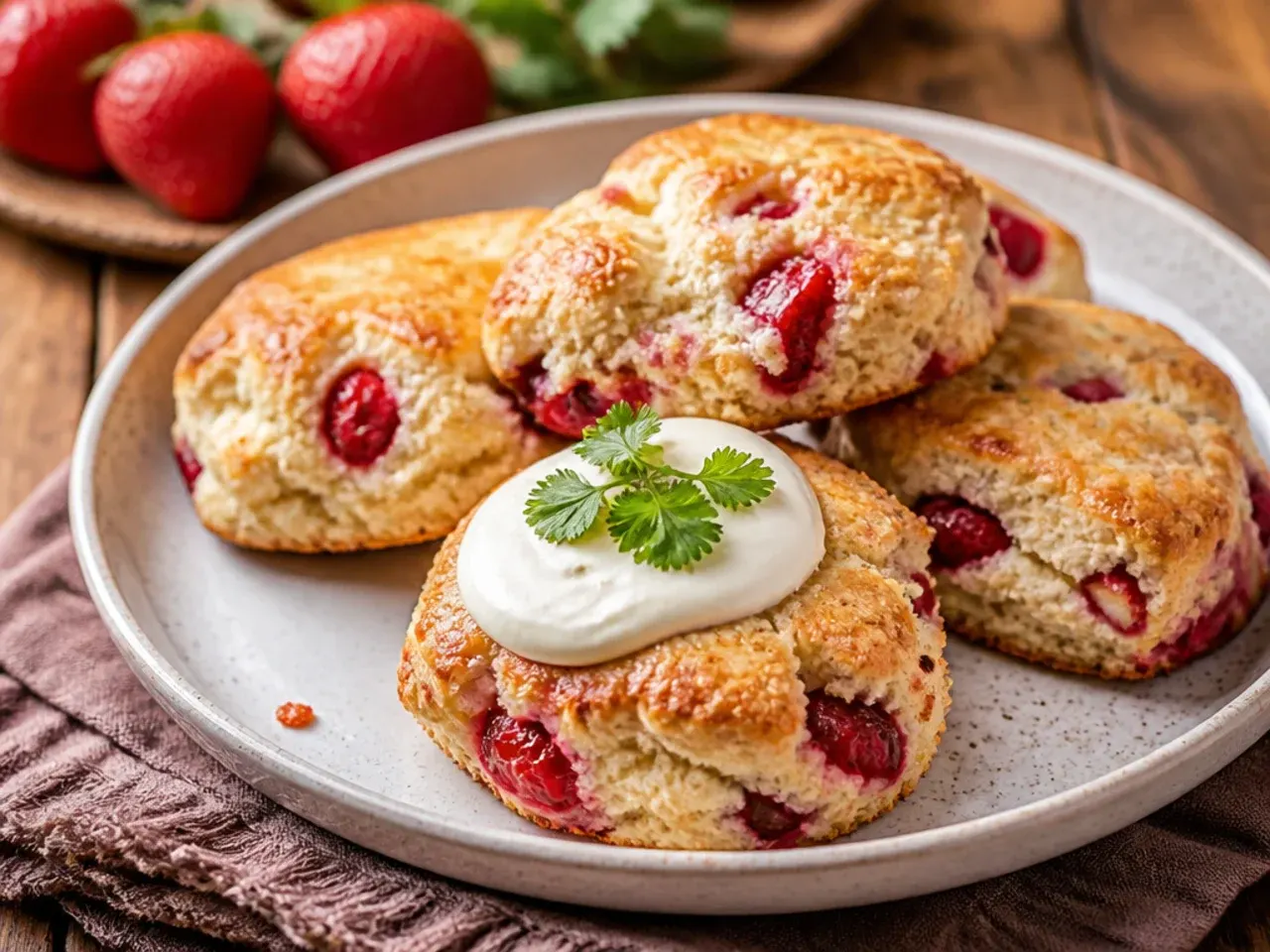 Quick strawberry scones fresh out of the oven on a baking tray, ready in half an hour.