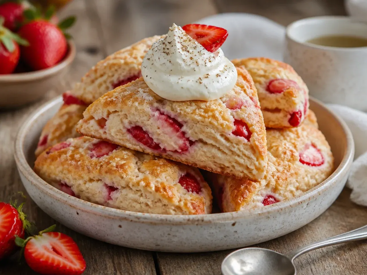 Split strawberry scone filled with whipped cream and sliced strawberries like a shortcake.