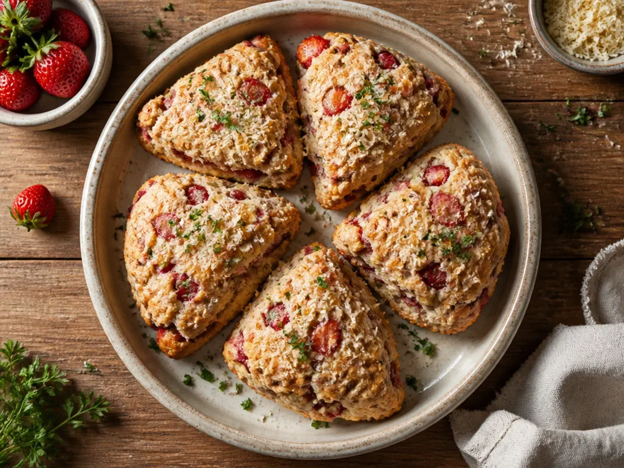 Vegan strawberry scones cooling on a rack with a plant-based milk brush finish.