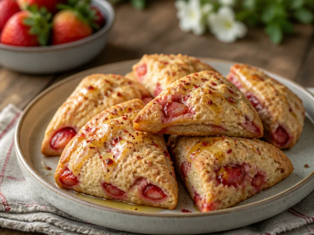 Gluten-free strawberry scones on a cooling rack with a slightly crumblier texture visible.