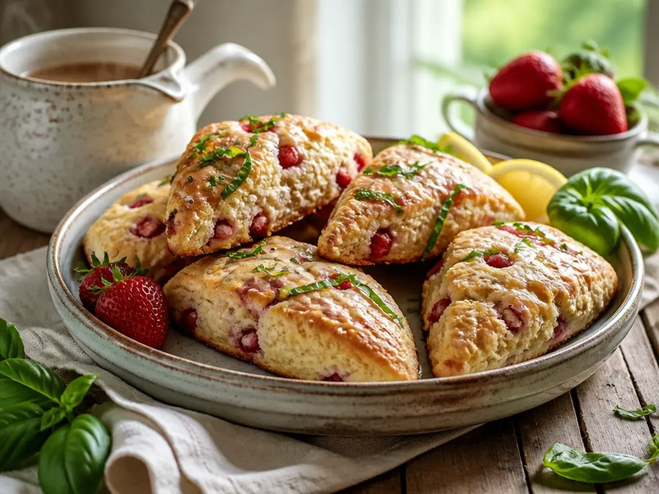 Strawberry scones with flecks of fresh basil visible in the golden crumb.