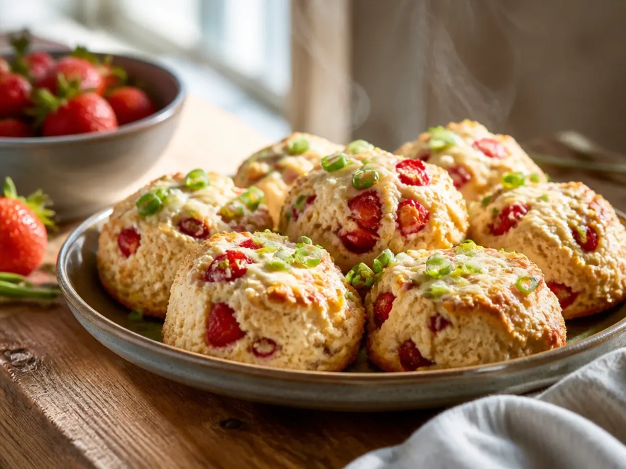 Strawberry scones with a visible cream cheese filling in the centre, dusted with icing sugar.