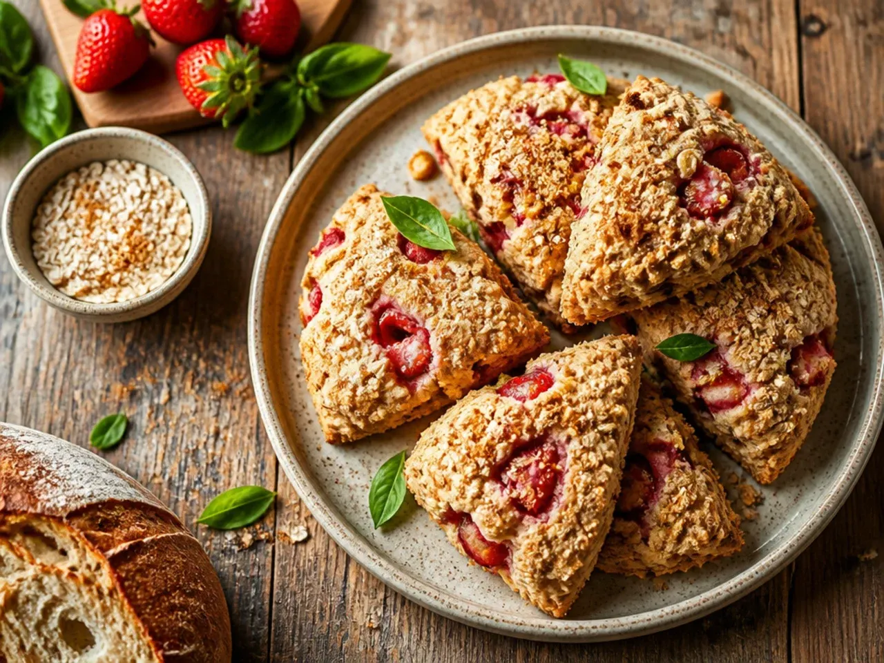 Strawberry oat scones with visible rolled oats pressed into the golden crust.