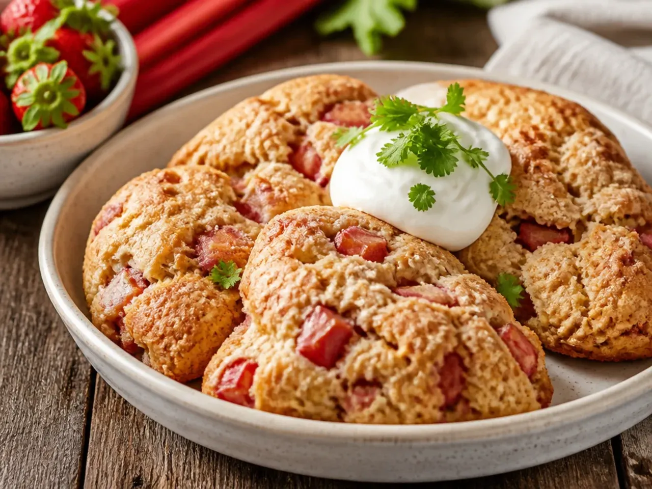 Strawberry rhubarb scones with visible pink-streaked fruit throughout the crumb.