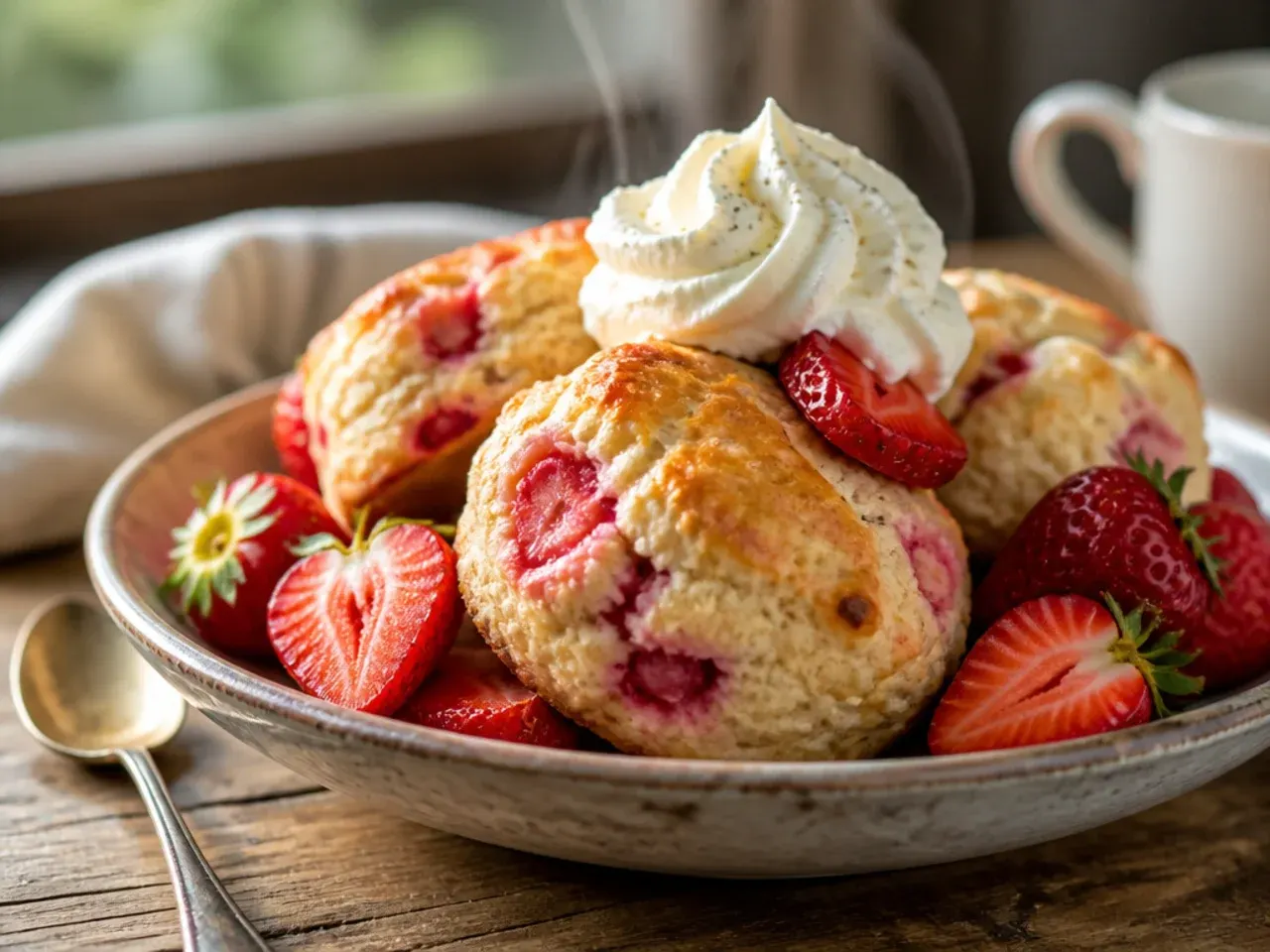 Plain scones served cream tea style with clotted cream, strawberry jam and fresh strawberries.