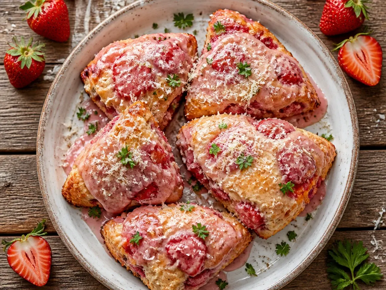 Strawberry scones drizzled with a bright pink strawberry glaze made from fresh purée.