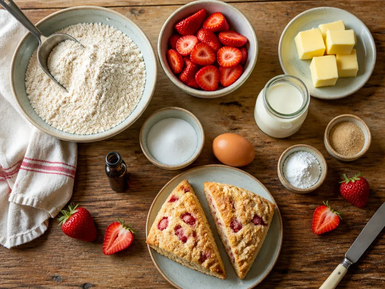 Close-up of a hand cutting cold butter into flour with visible pea-sized pieces for flaky strawberry scones.