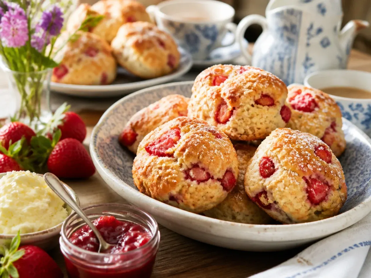 A split strawberry scone spread with clotted cream and strawberry jam, served on a floral plate with tea.