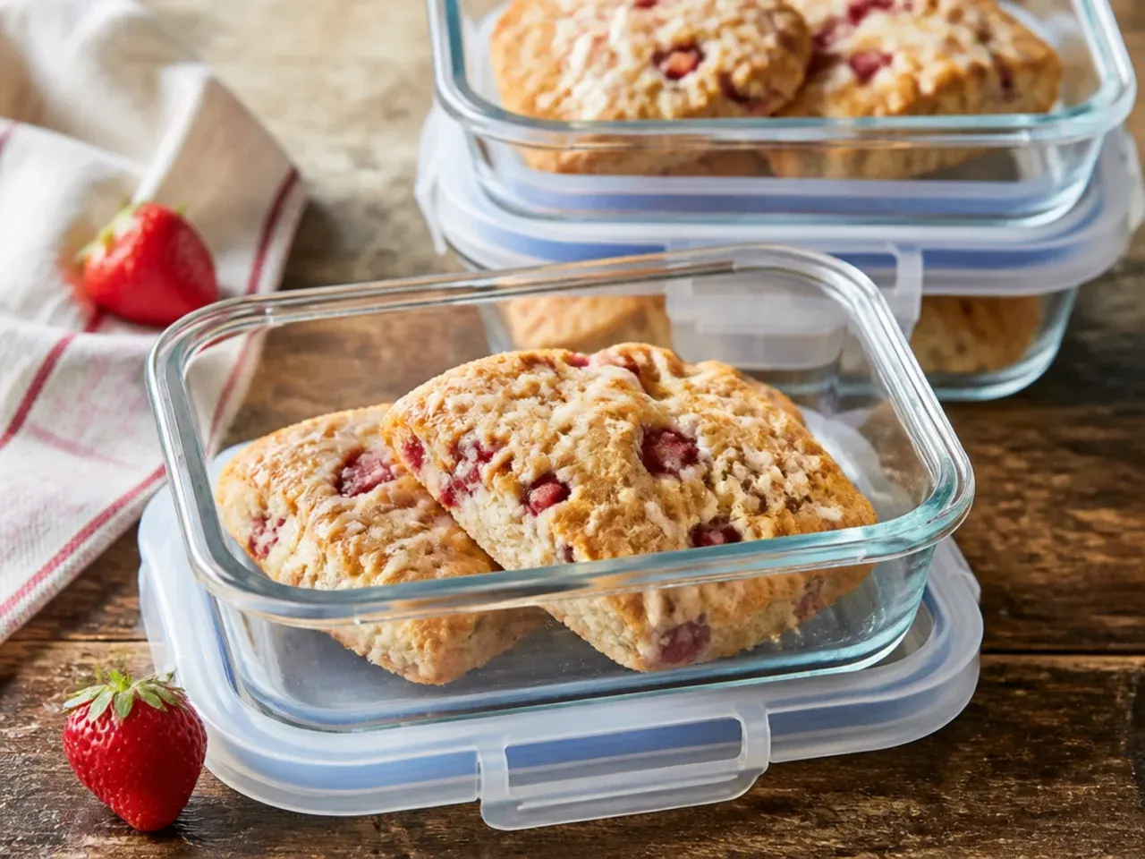 Baked strawberry scones stored in an airtight container lined with paper towel for freshness.