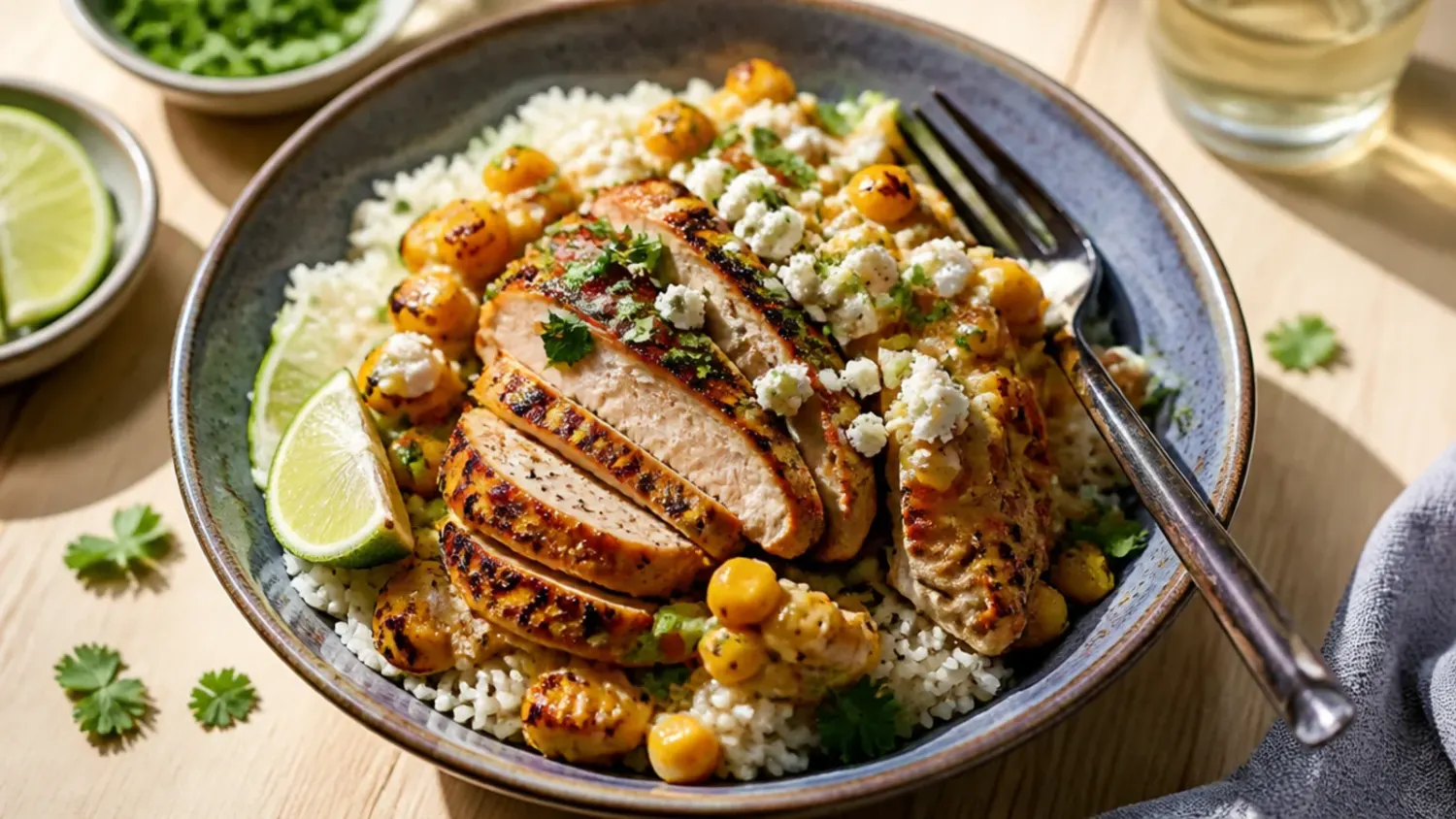 Overhead shot of a street corn and chicken rice bowl with sliced grilled chicken, charred corn, cotija cheese and lime wedges over rice