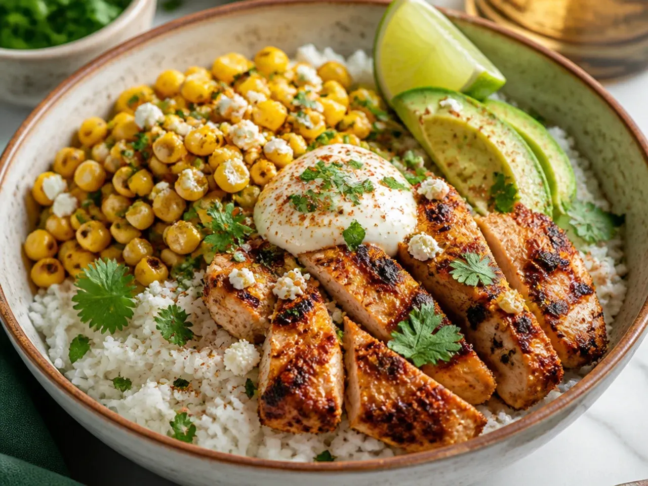 Close-up of a street corn and chicken rice bowl showing charred corn, cotija cheese and fresh coriander
