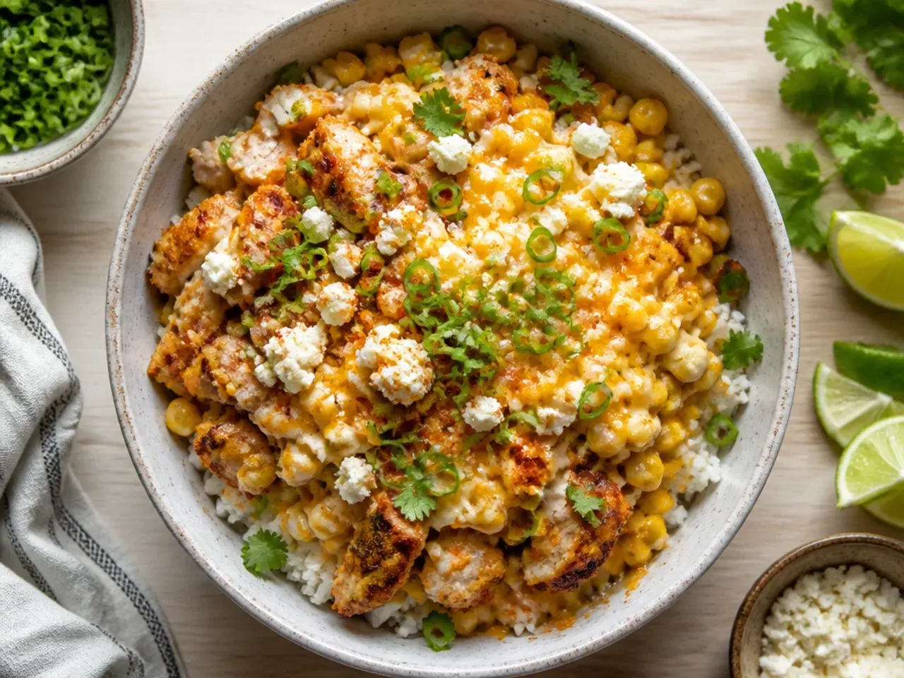 Classic street corn and chicken rice bowl with sliced chilli-lime chicken and charred corn