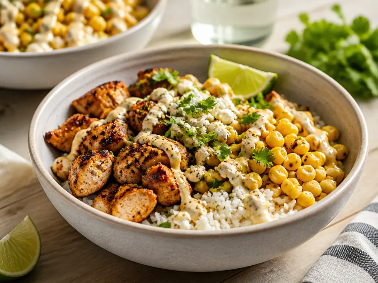 Easy 20-minute street corn and chicken rice bowl with shredded rotisserie chicken