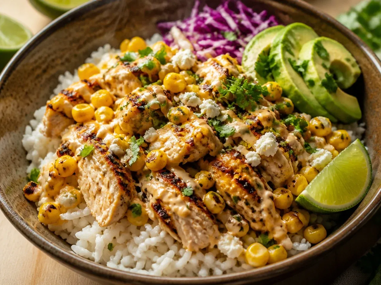 Cozy slow cooker street corn and chicken rice bowl with shredded chicken thighs