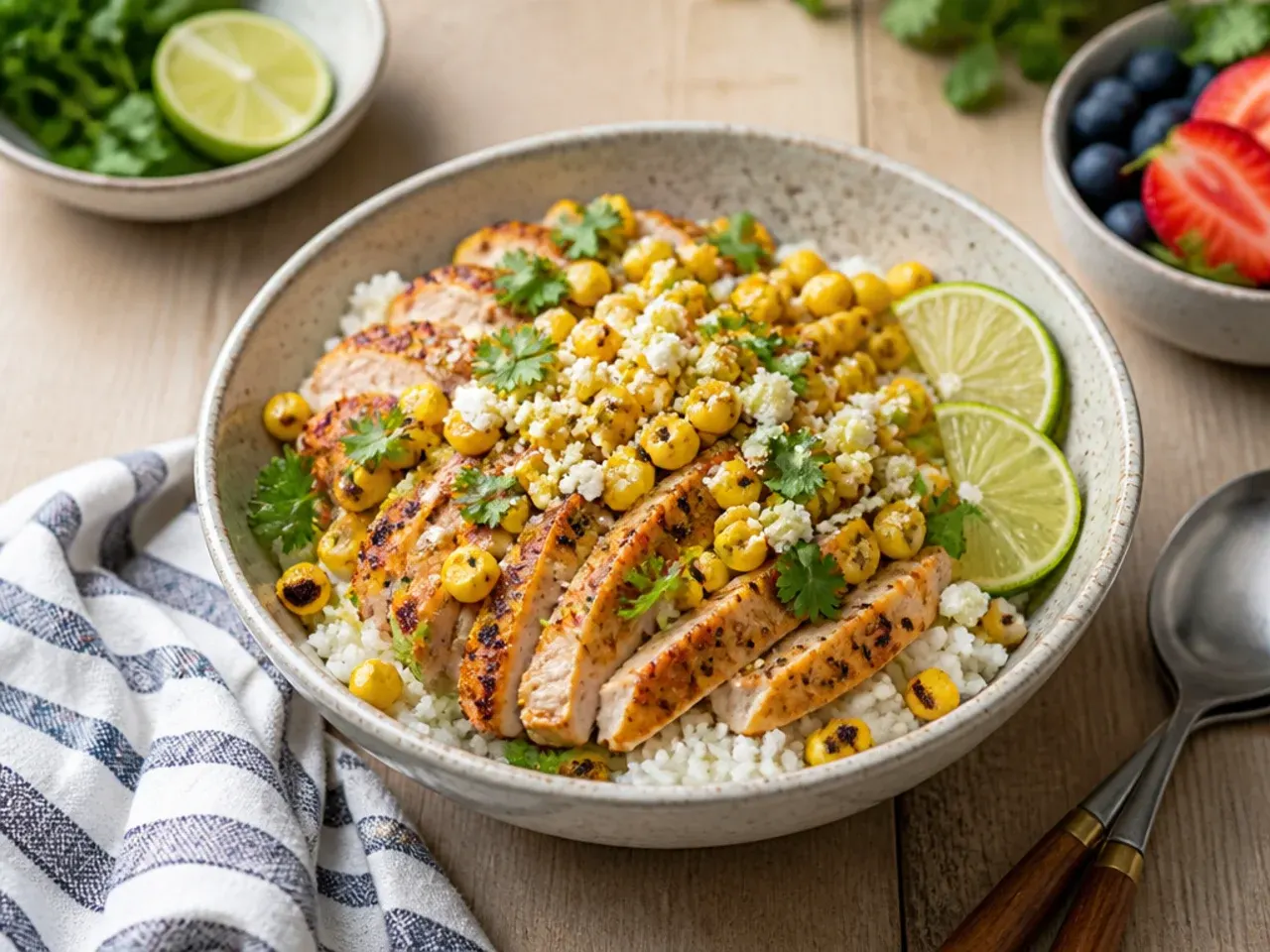 Simple five-ingredient street corn and chicken rice bowl with taco-seasoned chicken
