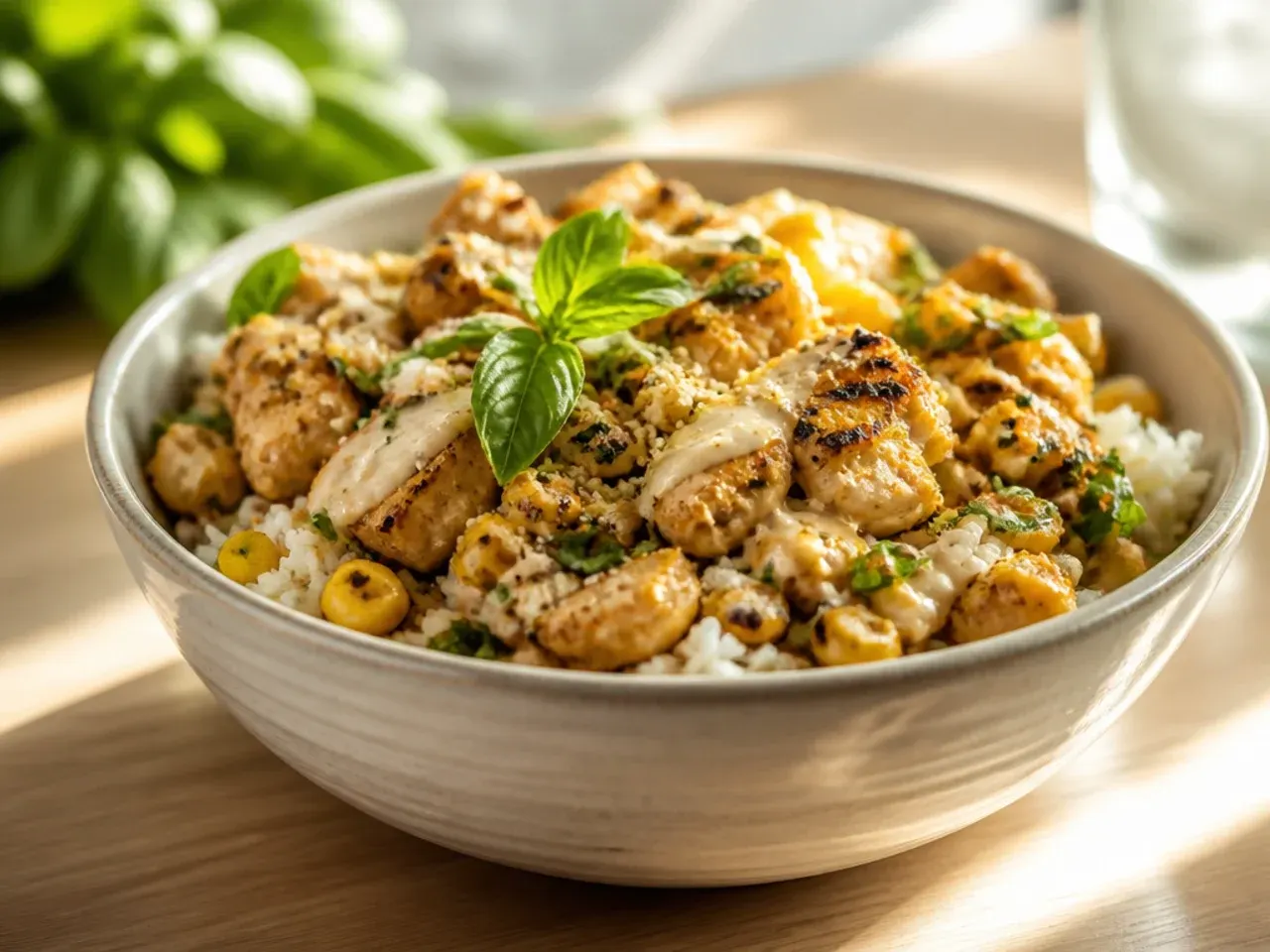 Creamy chipotle street corn and chicken rice bowl with smoky orange sauce drizzled over corn