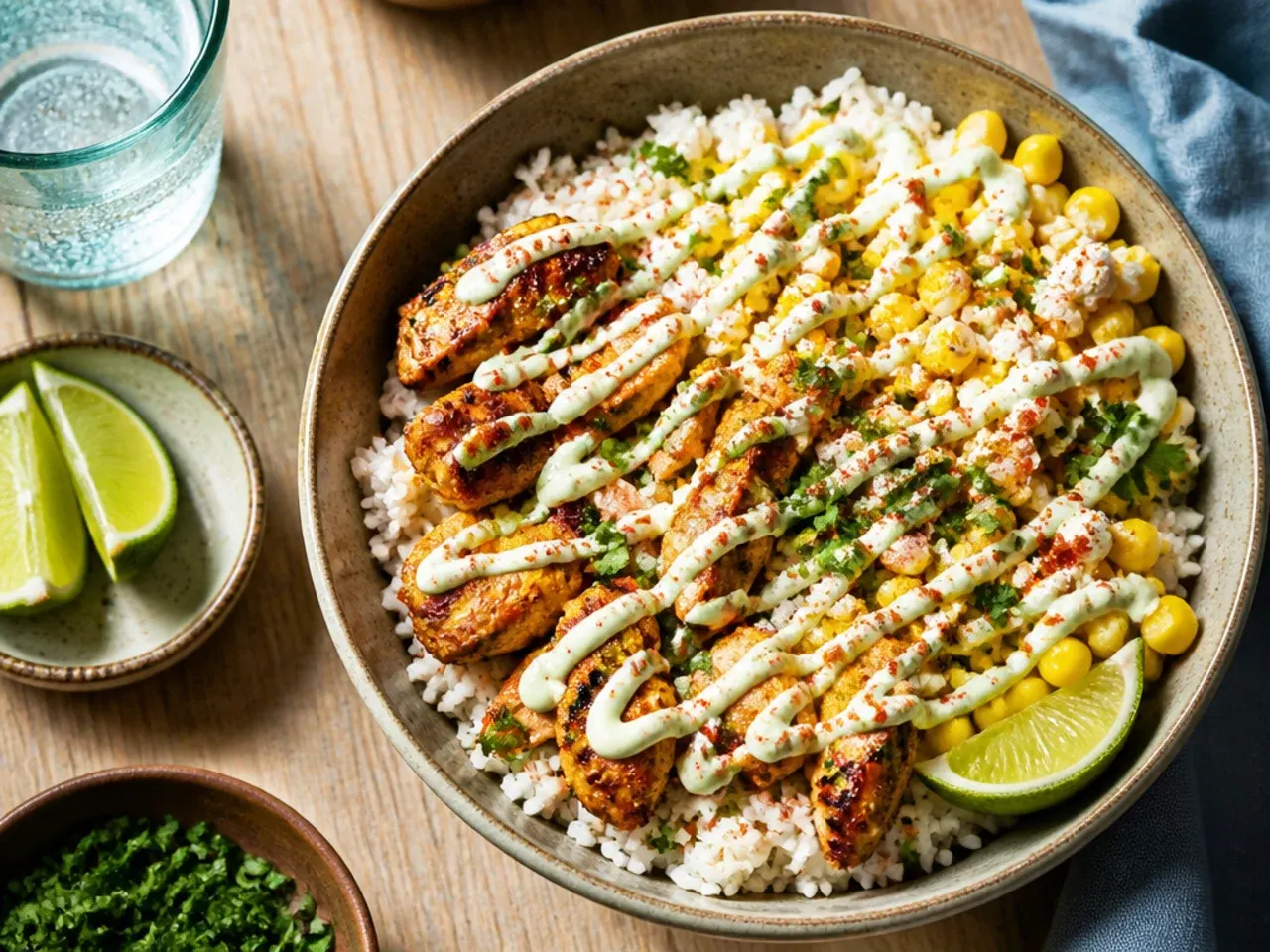 Loaded street corn and chicken rice bowl with black beans, avocado and pico de gallo